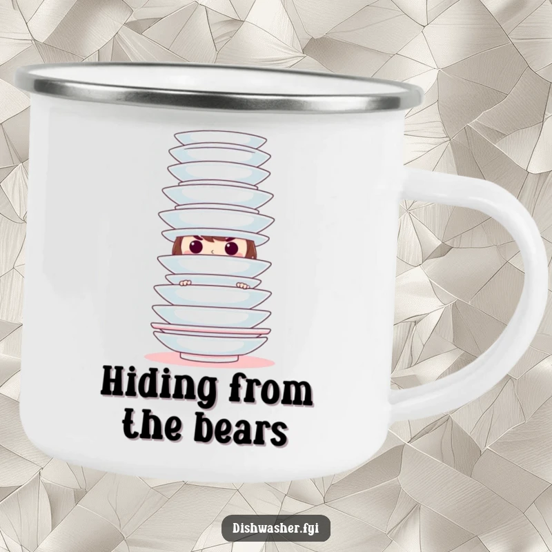 Funny hiding character camping mug featuring a sneaky character behind clean plates, perfect for enjoying drinks outdoors with a touch of playful humor.