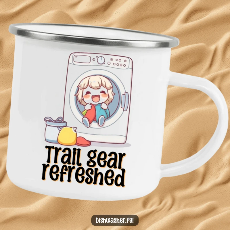 Funny spirited character joyfully loading a washing machine in an enamel camping mug, ready for outdoor tasks.
