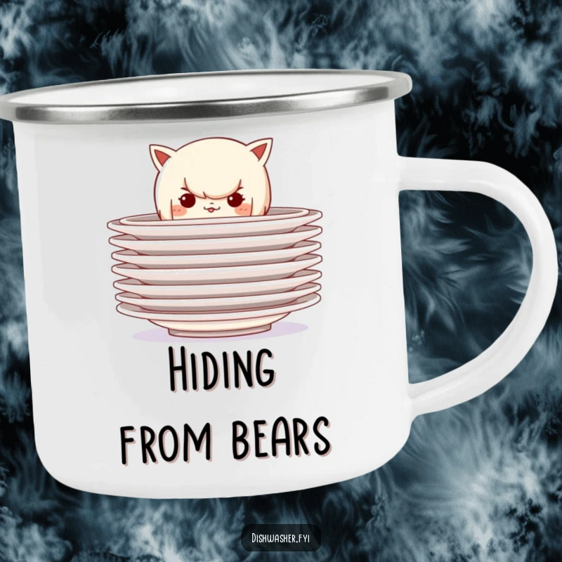 Funny camping mug featuring a mischievous character hiding behind a stack of clean plates, perfect for enjoying drinks during outdoor adventures with playful secrecy.