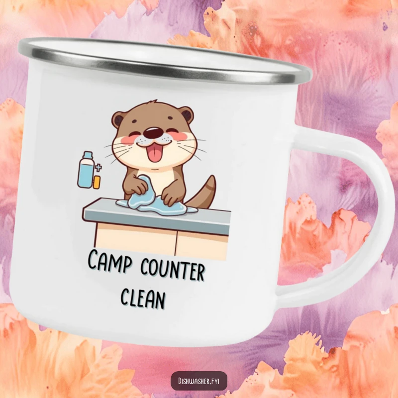 Funny camping mug with an otter character enthusiastically wiping a counter, perfect for outdoor enthusiasts who appreciate energetic humor.