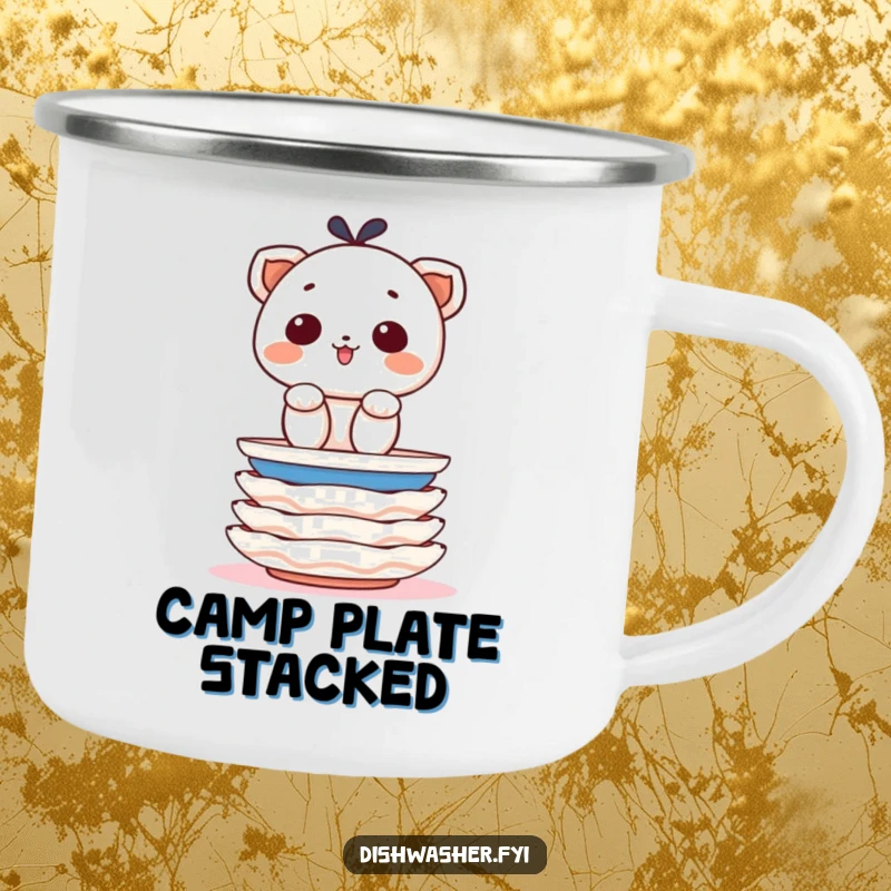 Funny camping mug featuring a determined character cheerfully stacking clean plates with precision, perfect for organized outdoor adventures.