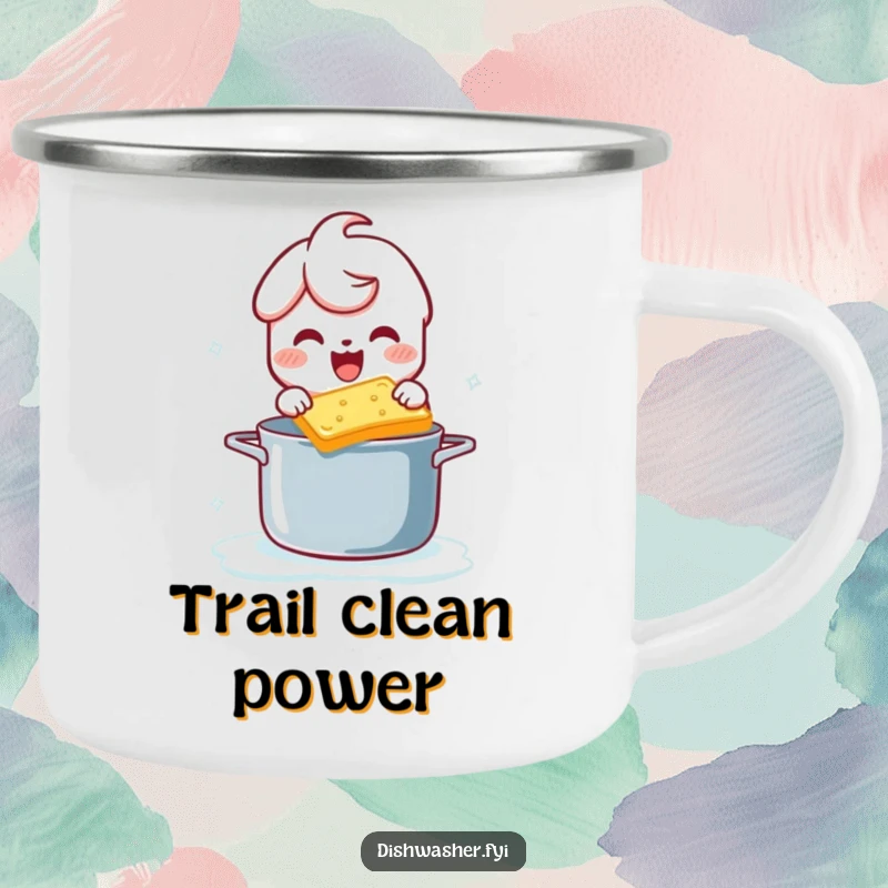 Funny camping mug featuring a character joyfully scrubbing a pot with a bubbly sponge, ideal for outdoor enthusiasts.