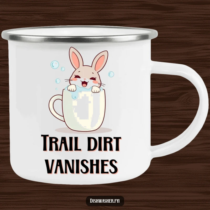 Funny camping mug featuring a joyful rabbit scrubbing bubbles off a mug, designed for outdoor lovers who enjoy their drinks with a clean, humorous vibe.