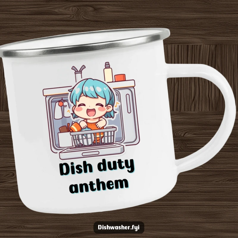 Funny camping mug showing a happy character singing while loading a dishwasher, perfect for outdoor meals and cheerful vibes.