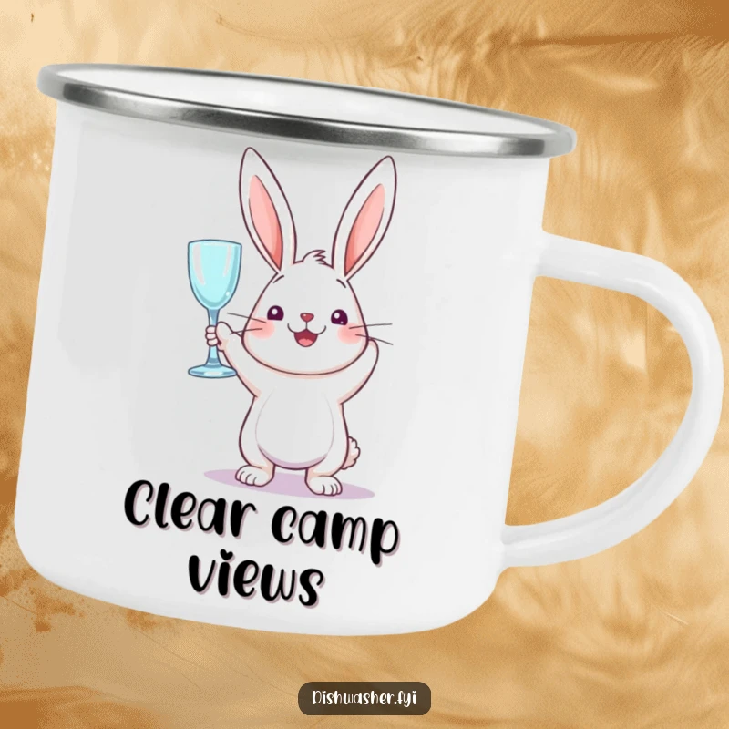 Funny camping mug showing a perky rabbit triumphantly holding a sparkling clean glass, bringing humorous cheer to outdoor drinks.