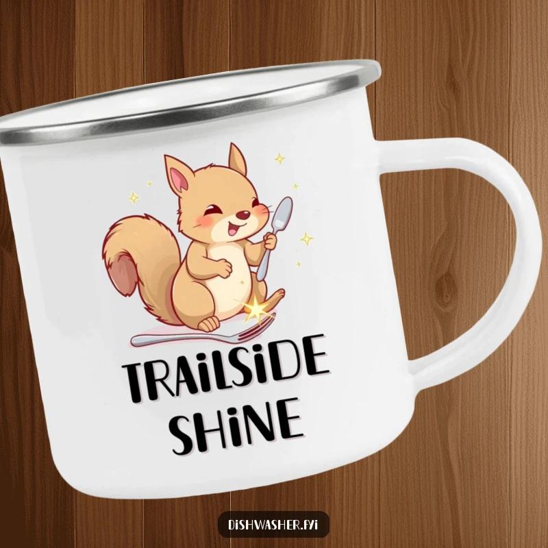 Funny squirrel camping mug, depicting a happy squirrel putting away sparkling cutlery, a humorous and sturdy mug for outdoor use.