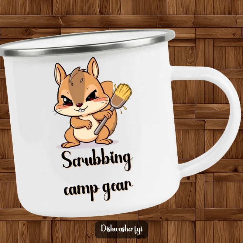 Funny Camping Mug showing a determined squirrel vigorously scrubbing a stubborn spot with gusto, perfect for outdoor lovers who enjoy a humorous mug.