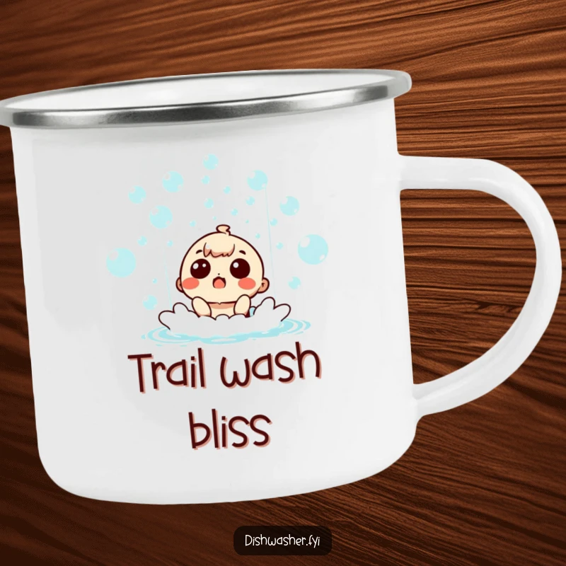 Funny surprised character enjoying a bubble waterfall in an enamel camping mug, ideal for outdoor use.