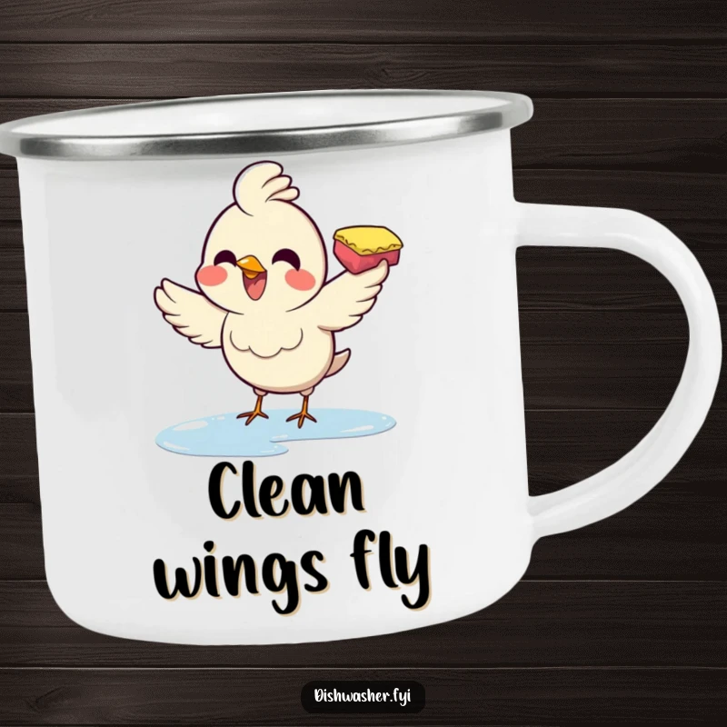 Funny camping mug showing a joyful bird energetically wiping a surface with a sponge, bringing humorous cheer to outdoor drinks.