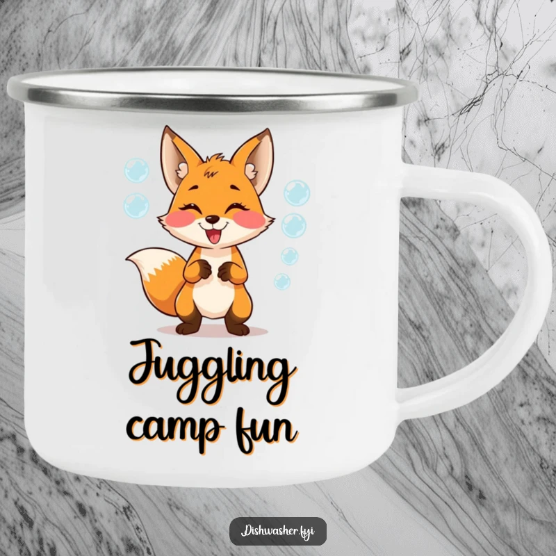 Funny Camping Mug showing a mischievous fox gleefully juggling soap bubbles, perfect for outdoor lovers who enjoy a humorous mug.