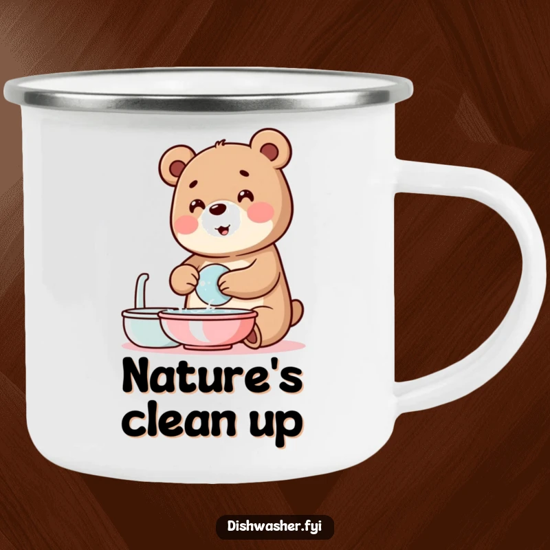 Funny bear camping mug with a cheerful bear washing dishes amidst bubbles, perfect for outdoor adventures and clean, humorous drinks.