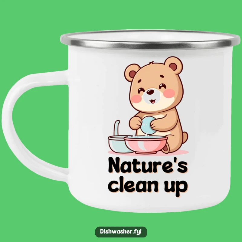 Funny Bear Washing Dishes Camping Mug: Clean Sips for Outdoor Adventures!
