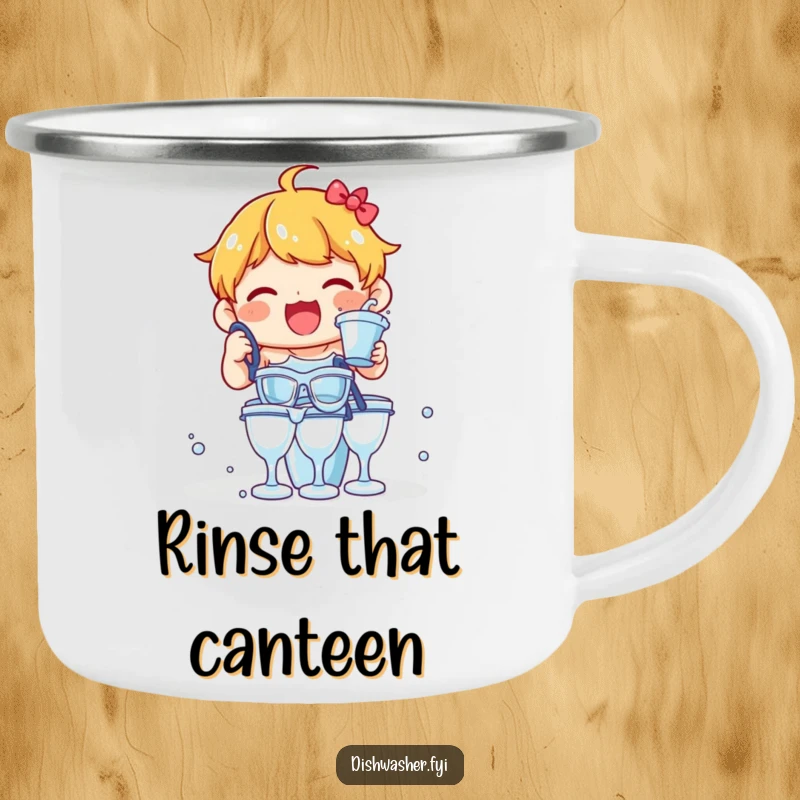 Funny camping mug with a delighted character rinsing glasses with enthusiasm, perfect for outdoor humor.