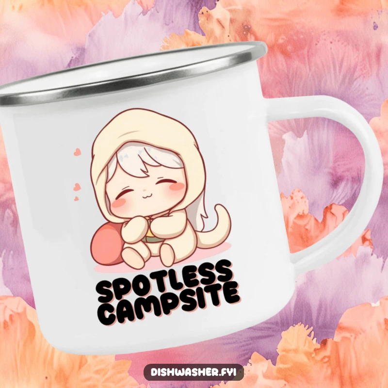 Funny camping mug showing a content character relaxing with a satisfied sigh after a perfectly spotless job, for outdoor use.