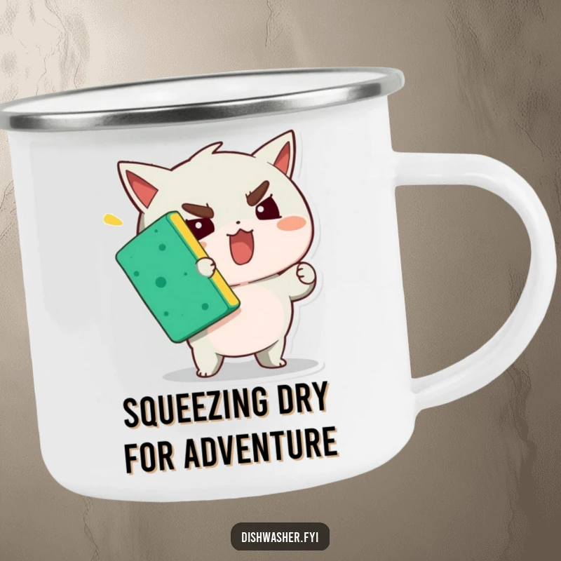 Funny camping mug showing a character with intense effort squeezing a sponge, embodying determination for outdoor enthusiasts.