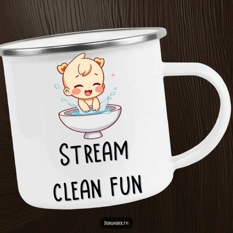 Funny camping mug with a giggling character playfully splashing water from a sink. Ideal for outdoor enthusiasts who appreciate water-themed humor.