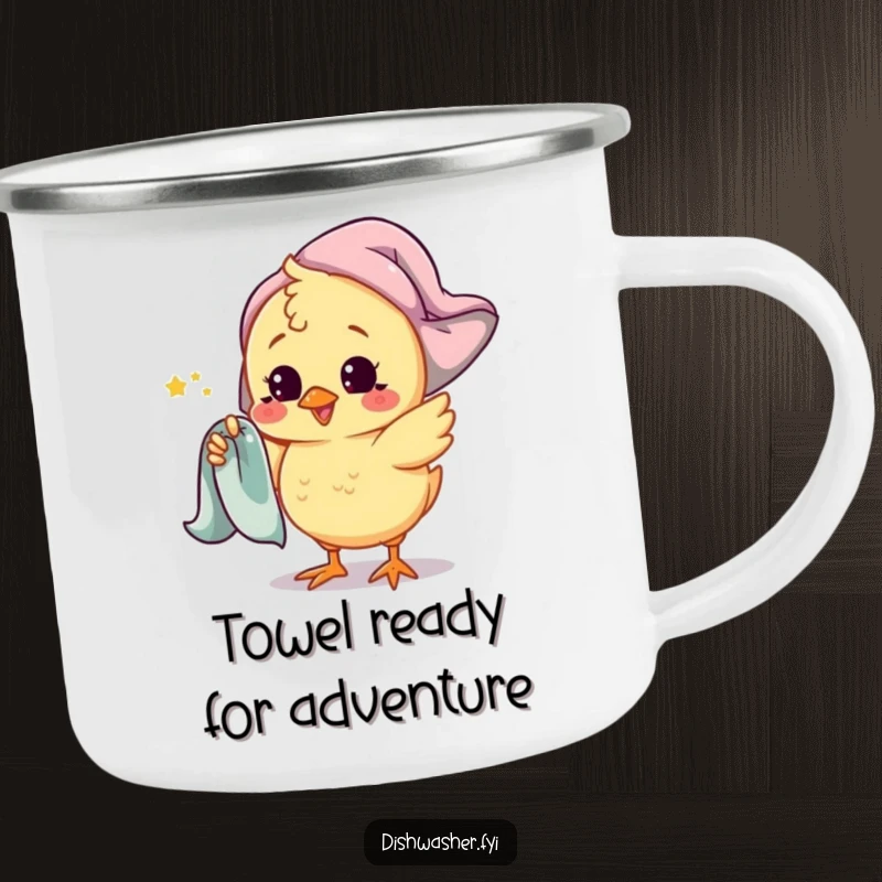 Funny chick camping mug featuring a playful chick character spinning a drying towel around its finger, ideal for enjoying drinks outdoors with fun.