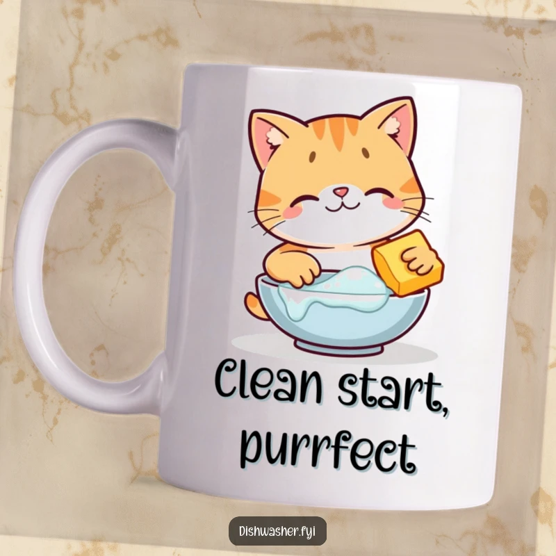Funny happy cat character diligently scrubbing a dish with bubbles on a mug, showcasing cleaning dedication, perfect funny gift.