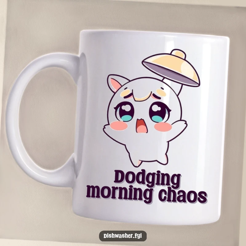 Funny character with wide, surprised eyes narrowly dodging a fast-flying dish on a mug, capturing a moment of comedic panic.