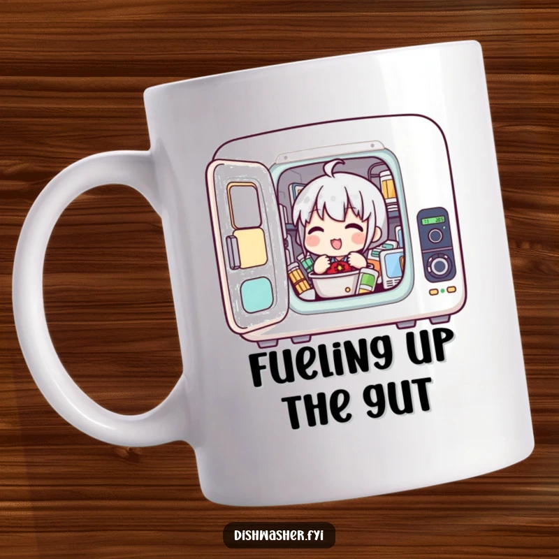 Funny mug showing a character enthusiastically loading various items into a compact appliance chamber, highlighting kitchen efficiency with humor.