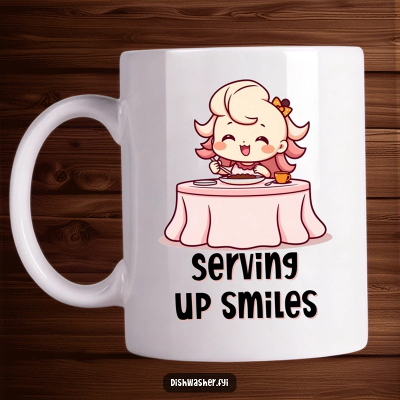 Funny beaming character elegantly setting a table with a flourish on this ceramic mug, ready to entertain.