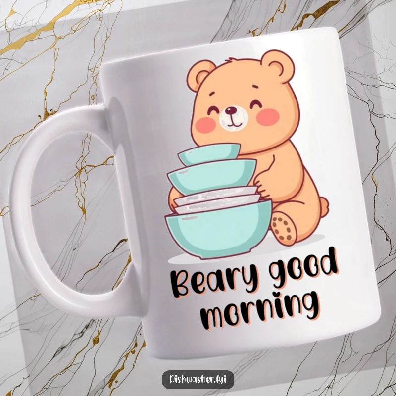 Funny mug featuring a whimsical bear smiling contentedly at a neat stack of freshly washed dishes, radiating happiness.