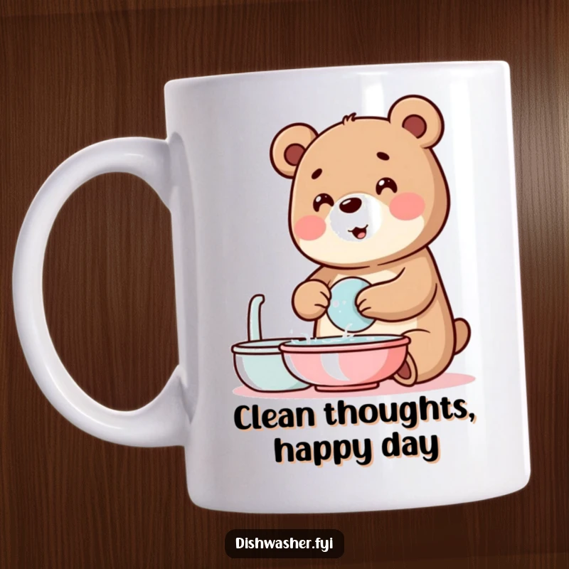 Funny bear mug featuring a cheerful bear character happily washing dishes with lots of soap bubbles, bringing joy to chores.