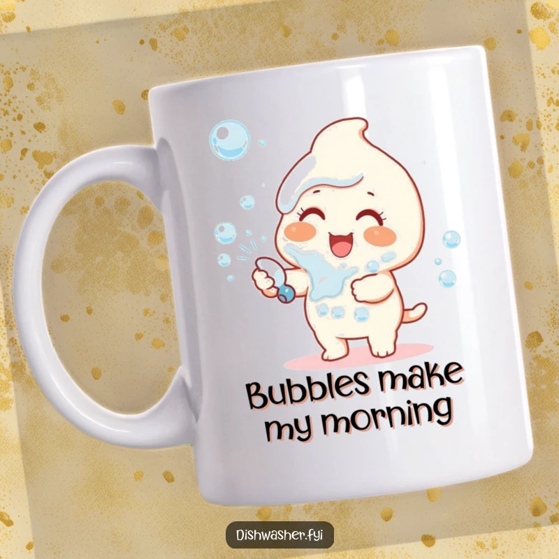 Funny mug shows a happy character gleefully spraying a cloud of dish soap bubbles with a wide smile.