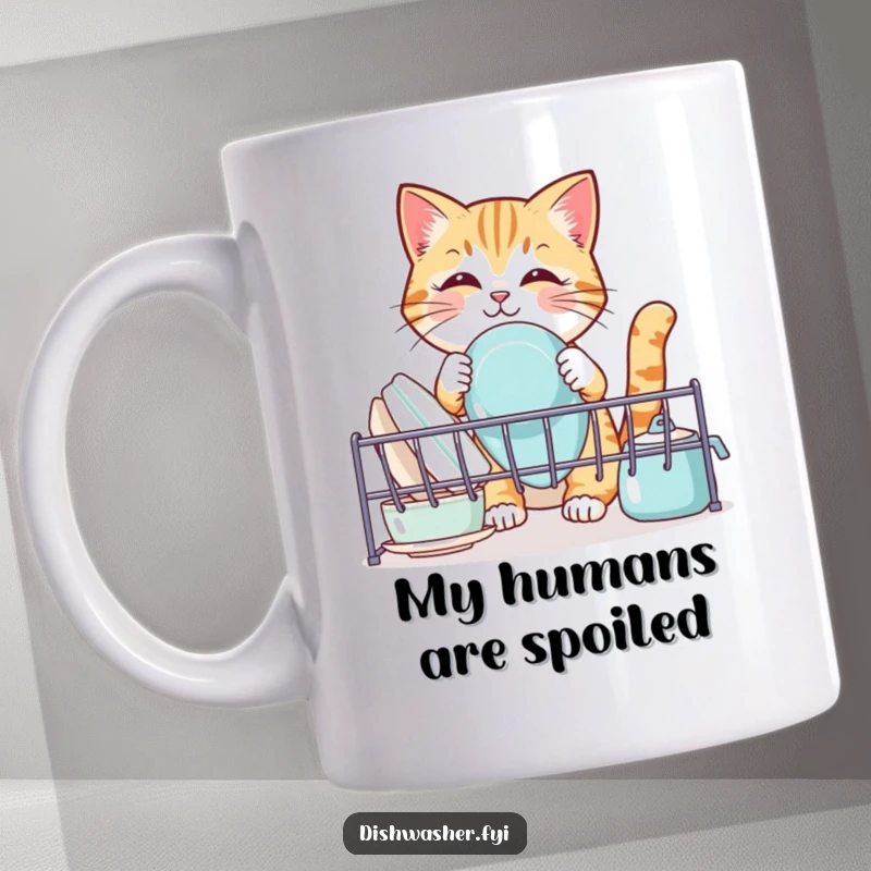 Funny cat mug, showing a cute feline playfully arranging clean dishes in a drying rack, a humorous kitchen chore companion.