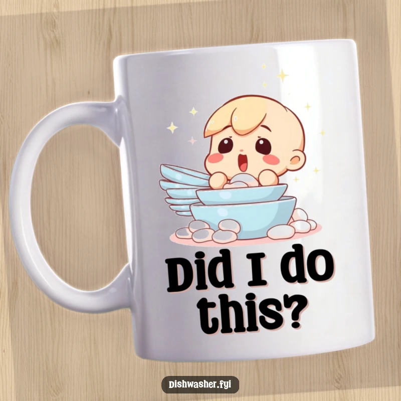 Funny mug featuring a surprised character gazing at a miraculously sparkling clean pile of dishes. Captures the joy of unexpected tidiness.
