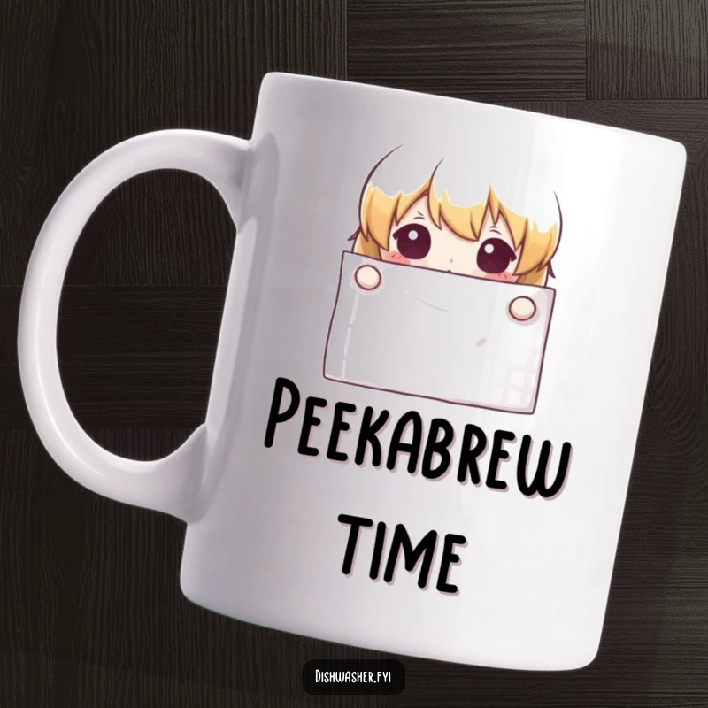 Funny curious character peeking playfully from behind a crisp white napkin on a ceramic mug, intriguing design.