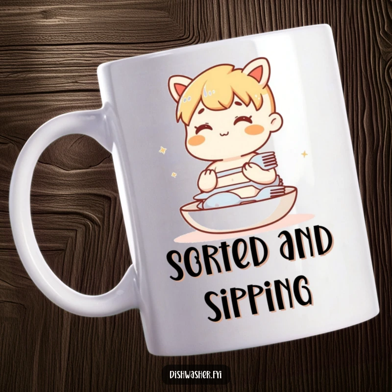Funny mug showing a peaceful character humming and perfectly stacking shiny, clean cutlery. Celebrates kitchen organization.
