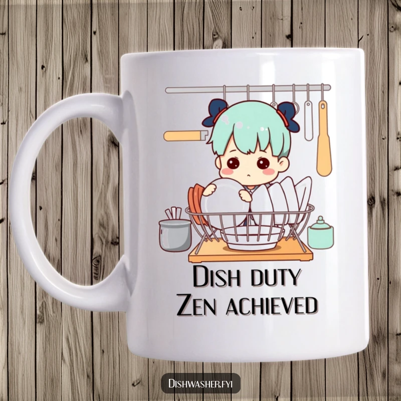 Funny mug shows a determined character with intense focus, perfectly placing dishes in a drying rack with precision.