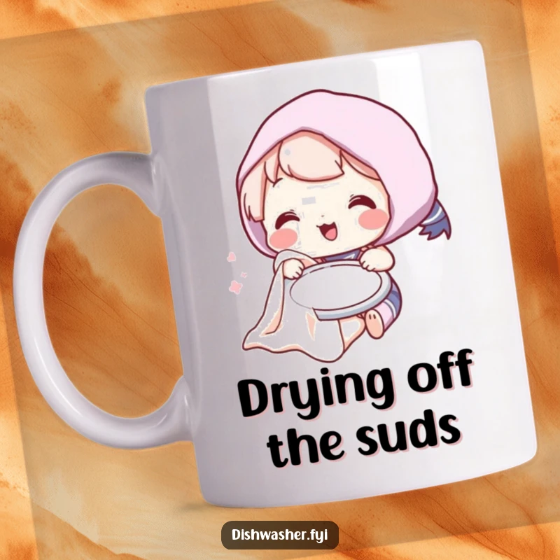 Funny mug showing a cartoon character humorously drying a plate with a fluffy towel, conveying a playful and cheerful mood.