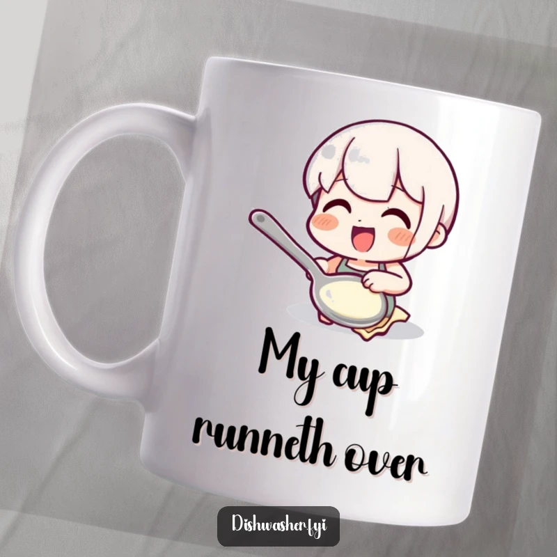 Funny polishing spoon mug featuring a happy character diligently polishing a spoon to a shine, conveying pride and humor.