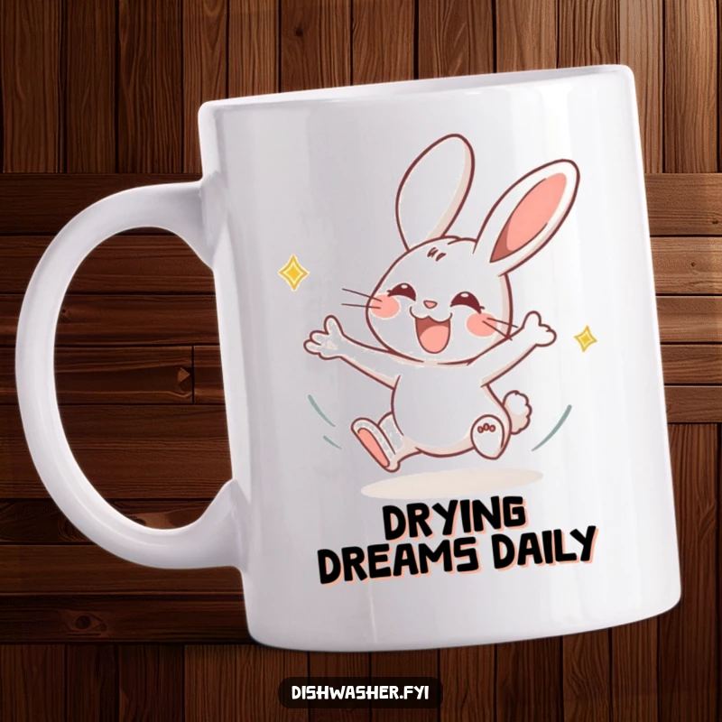 Funny rabbit mug featuring a joyous rabbit character swiftly drying plates with energetic motion and a happy expression.