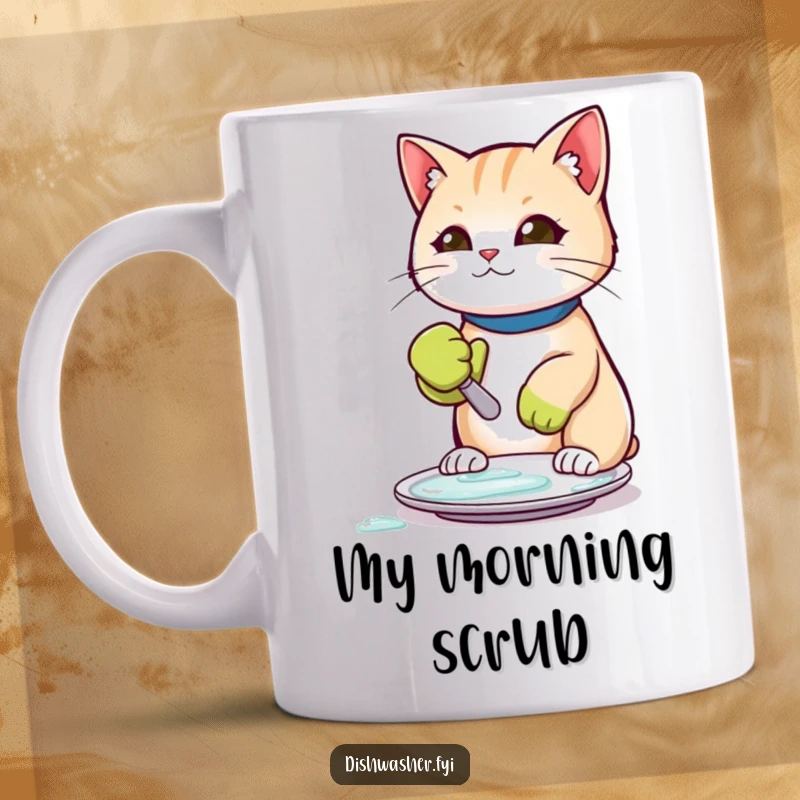 Funny mug featuring a charming cat wearing a rubber glove, diligently scrubbing a plate clean with a determined expression.