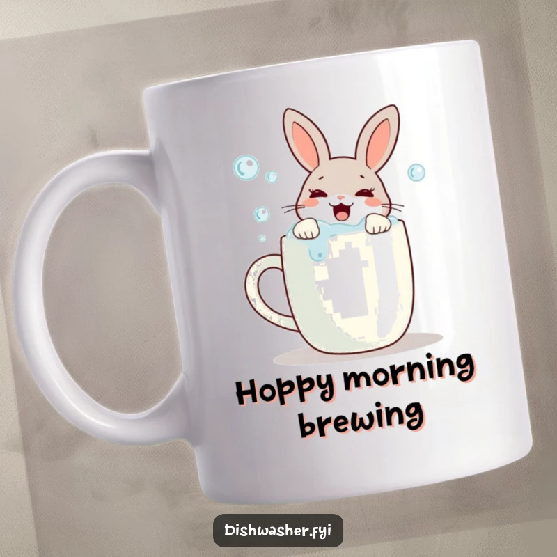 Funny rabbit mug with a joyful expression scrubbing bubbles off a mug, a delightful and humorous gift for clean cup enthusiasts.