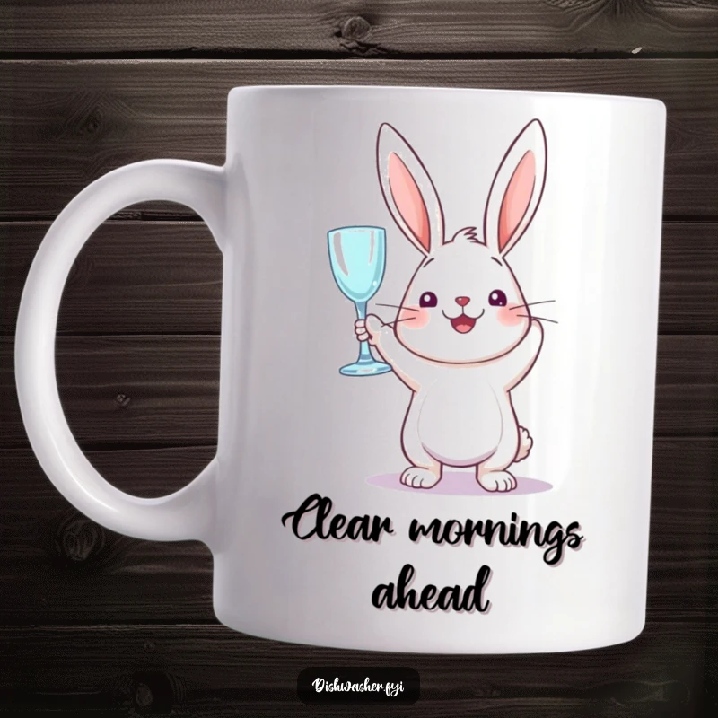 Funny mug featuring a perky rabbit triumphantly holding up a sparkling clean glass, radiating joy and accomplishment.