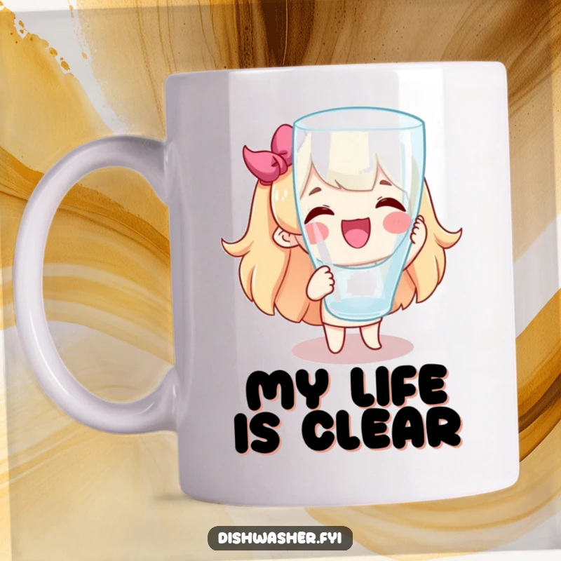 Funny mug featuring a joyful character with a massive grin, triumphantly holding up a gleaming, spotless glass. Celebrates perfect clean.