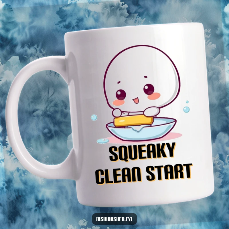 Funny mug showing a playful character enthusiastically using a squeegee to make a dish sparkle and gleam.