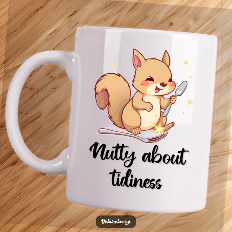 Funny squirrel mug, showing a happy squirrel putting away sparkling clean cutlery, a humorous and adorable kitchen accessory.