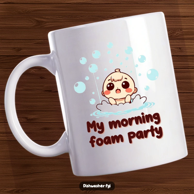 Funny surprised character swimming in a waterfall of bubbles, smiling on a ceramic mug, perfect for bath lovers.