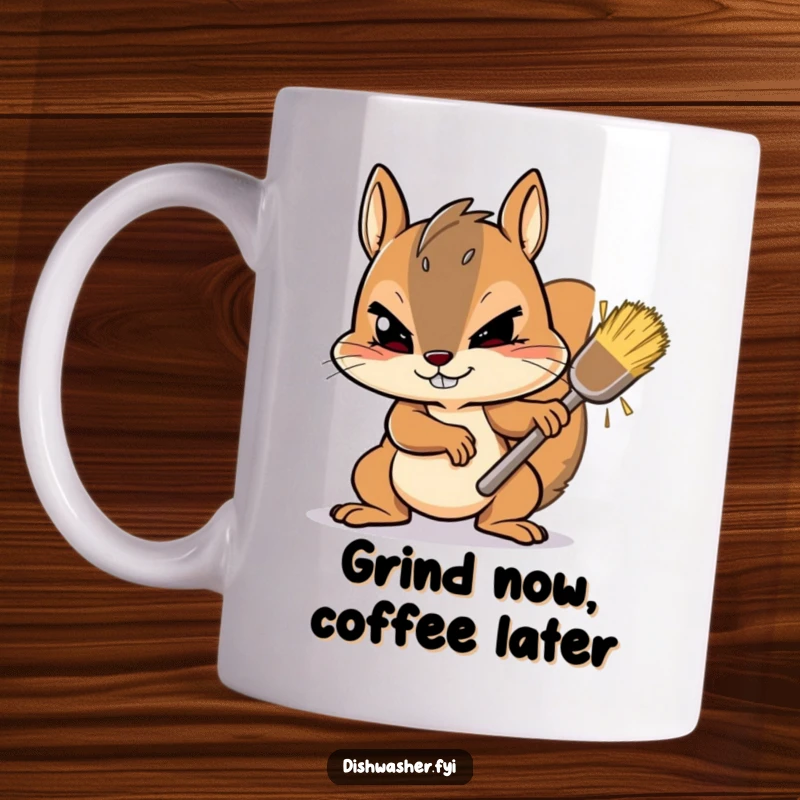 Funny Mug featuring a determined squirrel character vigorously scrubbing a stubborn spot with great gusto, inspiring a can-do attitude.