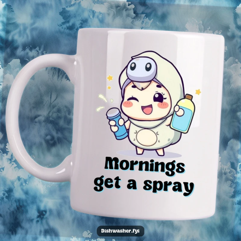 Funny mug showing a happy character energetically spraying cleaning liquid with a playful wink, bringing a dynamic and humorous vibe.