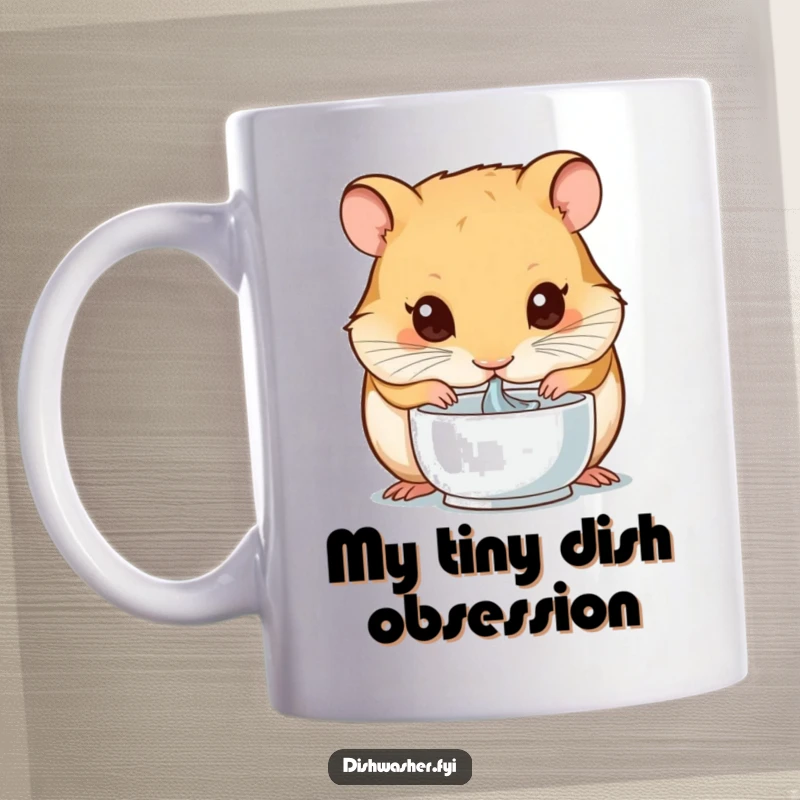 Funny mug showcasing a determined hamster with intense focus, drying a small bowl with ultimate precision, a symbol of clean obsession.