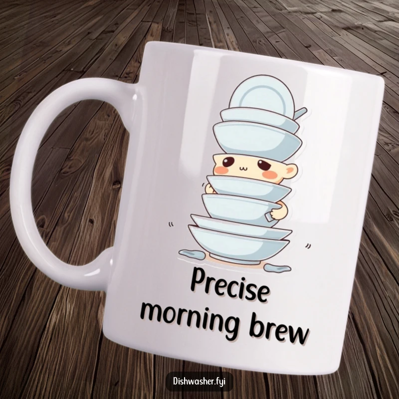 Funny mug depicting a determined character with intense focus, expertly stacking dirty dishes with impressive precision.