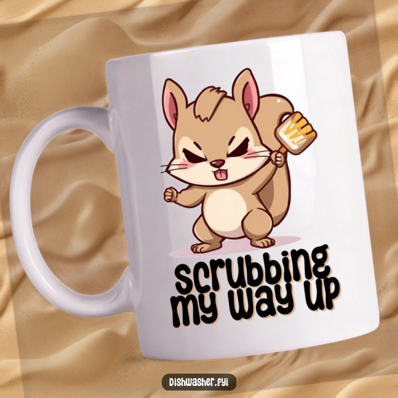 Funny squirrel mug featuring a determined squirrel character vigorously scrubbing a stubborn spot with intense focus and gusto.