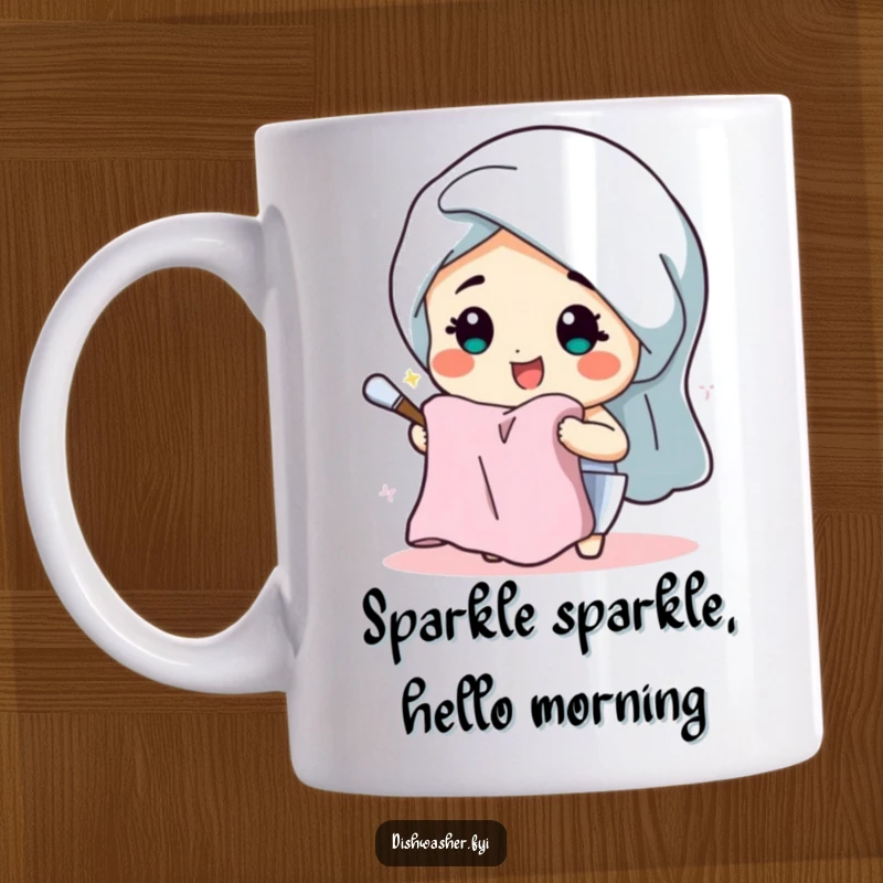 Funny mug featuring a beaming character happily drying dishes with a soft, fluffy towel, exuding pure joy and kitchen accomplishment.