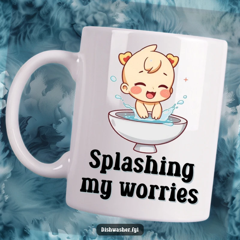 Funny mug featuring a giggling character playfully splashing water from a sink with joyous abandon. Perfect for those who love water fun and humor.
